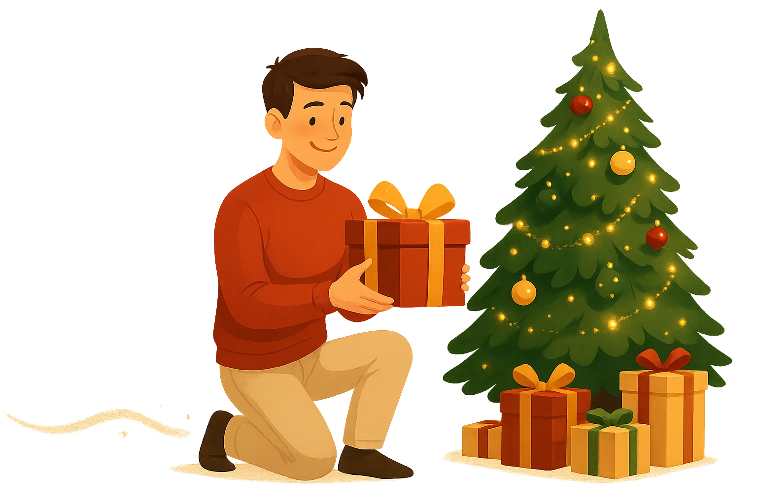 Happy person holding a beautifully wrapped Christmas gift with a decorated Christmas tree in the background